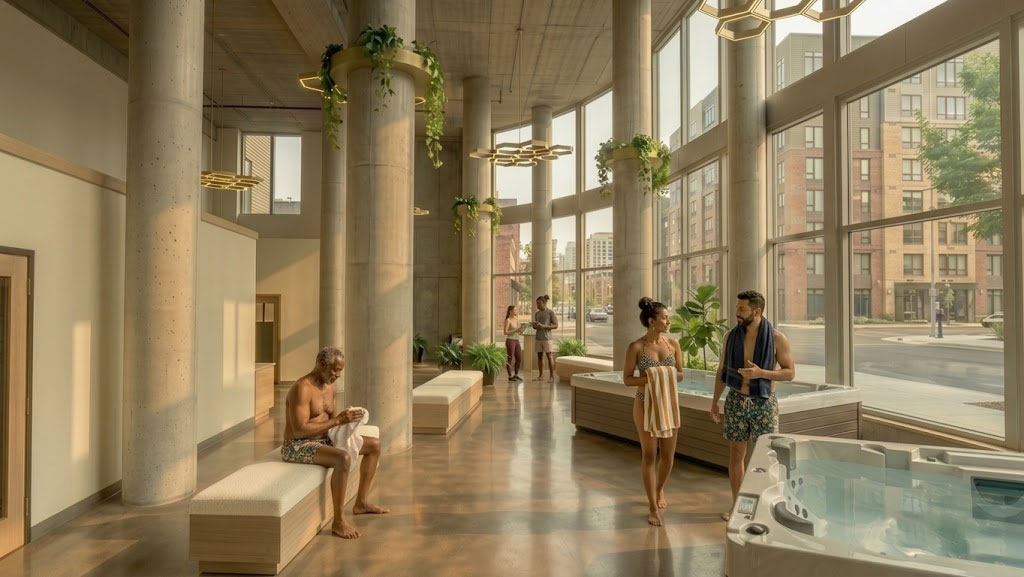 Interior lobby render of The Hive